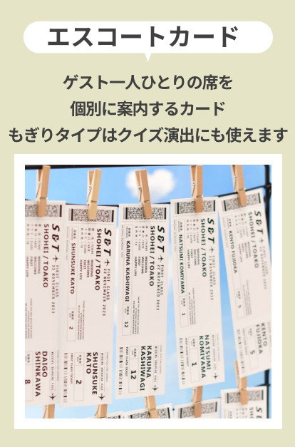 エスコートカード。ゲスト一人ひとりの席を個別に案内するカードもぎりタイプはクイズ演出にも使えます