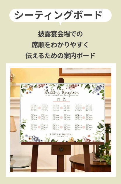 シーティングボード。披露宴会場での席順をわかりやすく伝えるための案内ボード