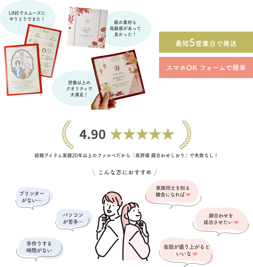 結婚アイテム実績20年以上のファルべだから「高評価 顔合わせしおり」で失敗なし