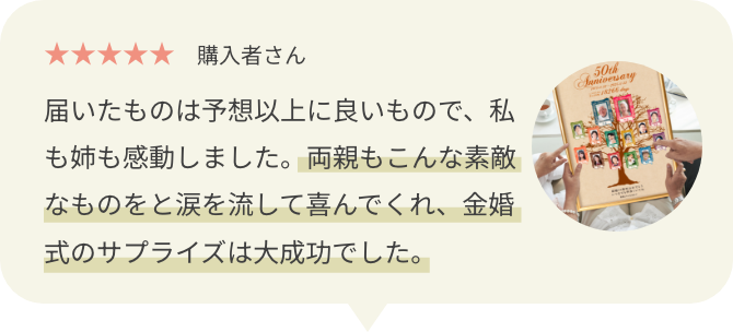 両親もこんな素敵なものをと涙を流して喜んでくれ、金婚式のサプライズは大成功でした。