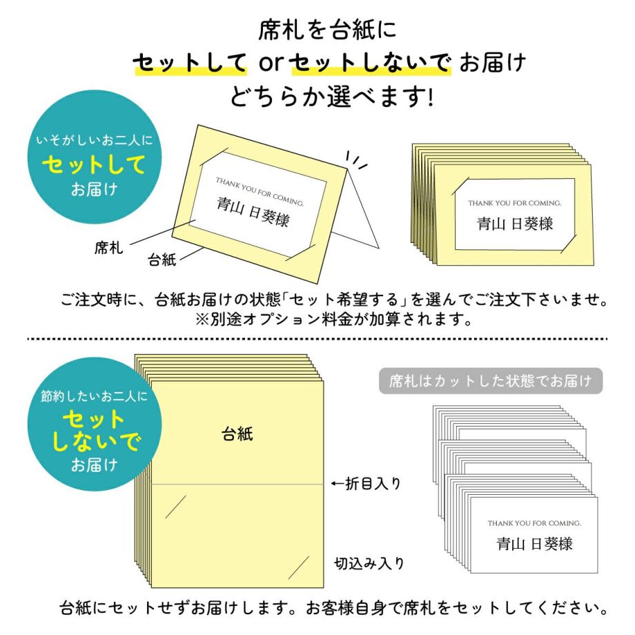 席札を台紙にセットしてorセットしないでお届けどちらか選べます