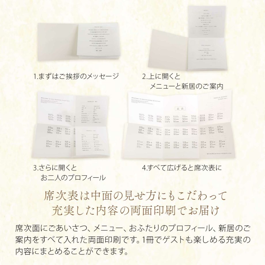 完成品オーダー席次表ならではの美しい仕上がりでお二人の特別な日にふさわしい品質をお届けします