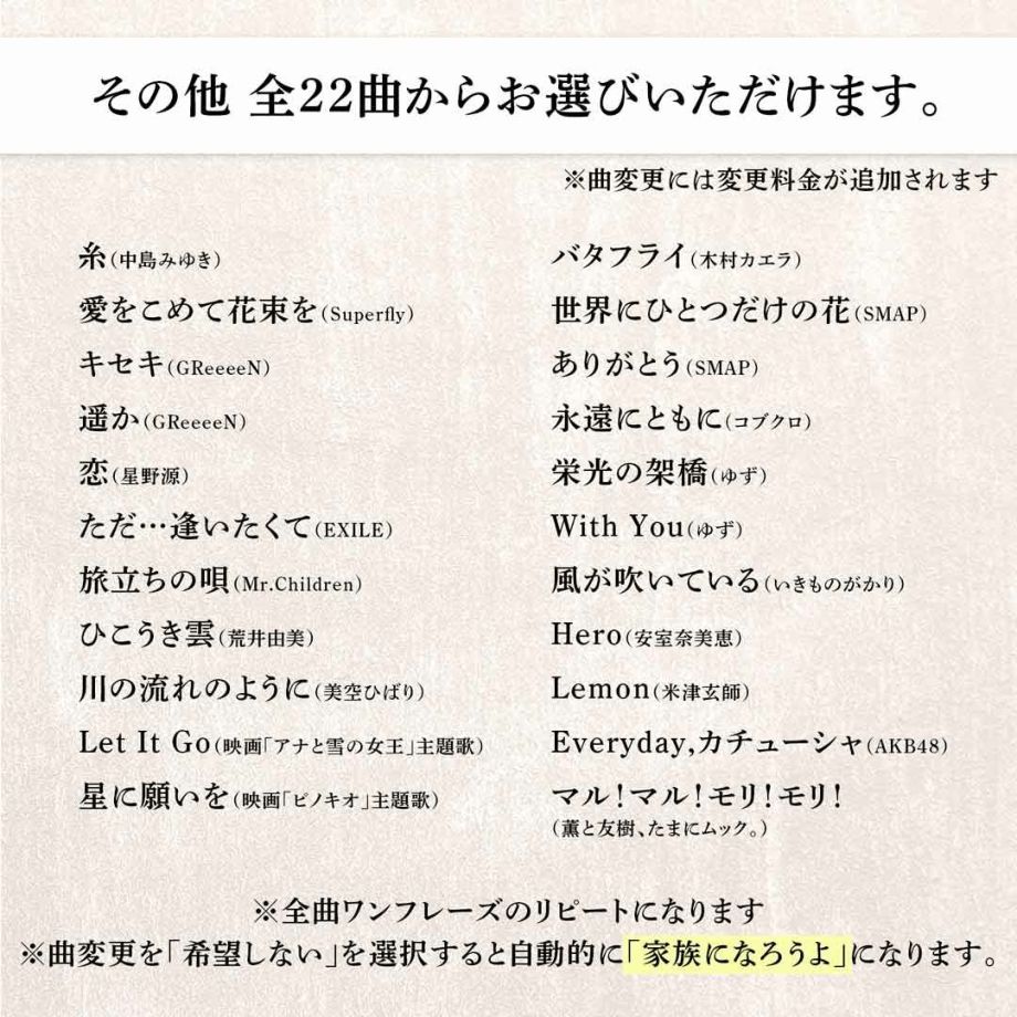 オプション追加購入でオルゴール曲を変更することも可能です