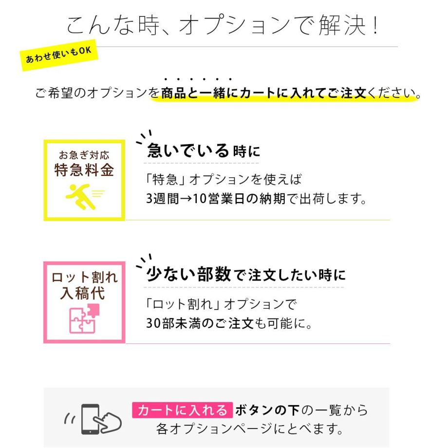 印刷付きオーダー席次表、特急対応、ロット割れオプション