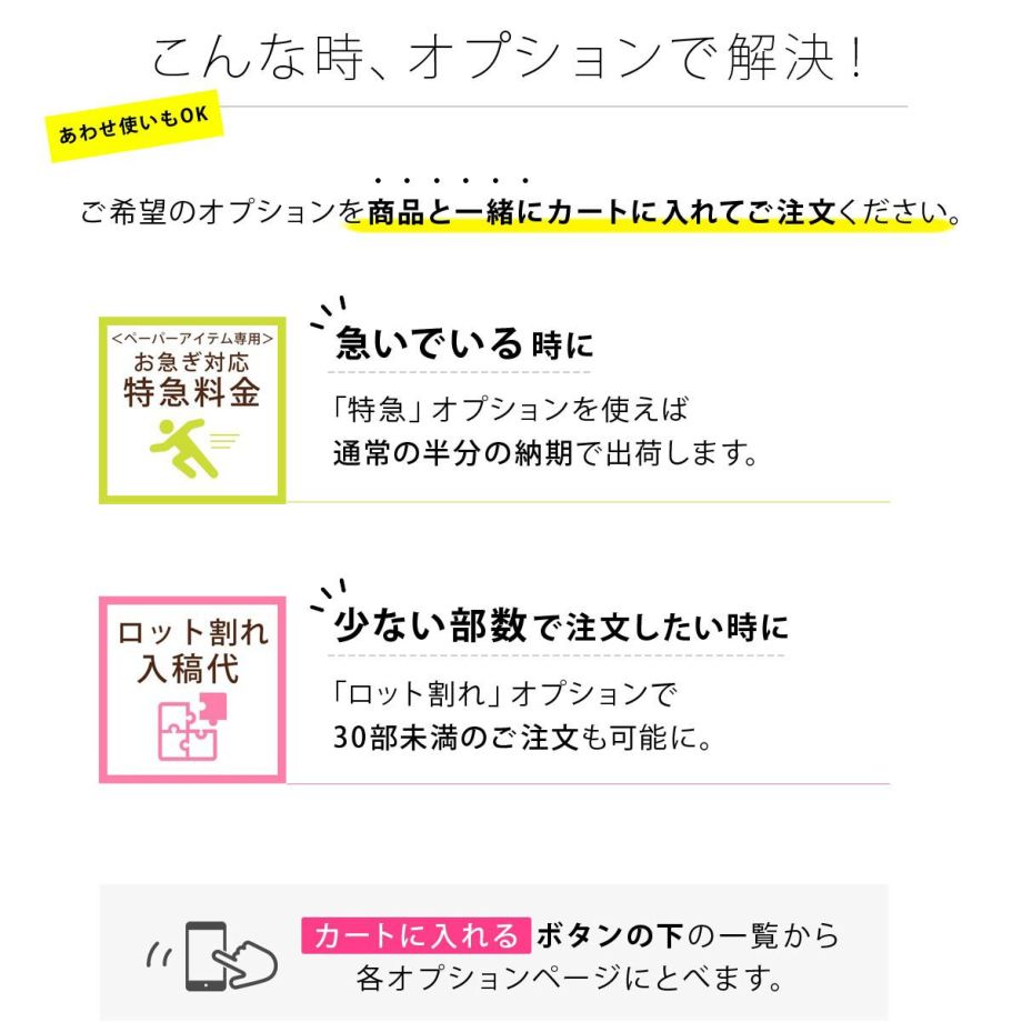 印刷付きオーダー席次表、特急対応、ロット割れオプション