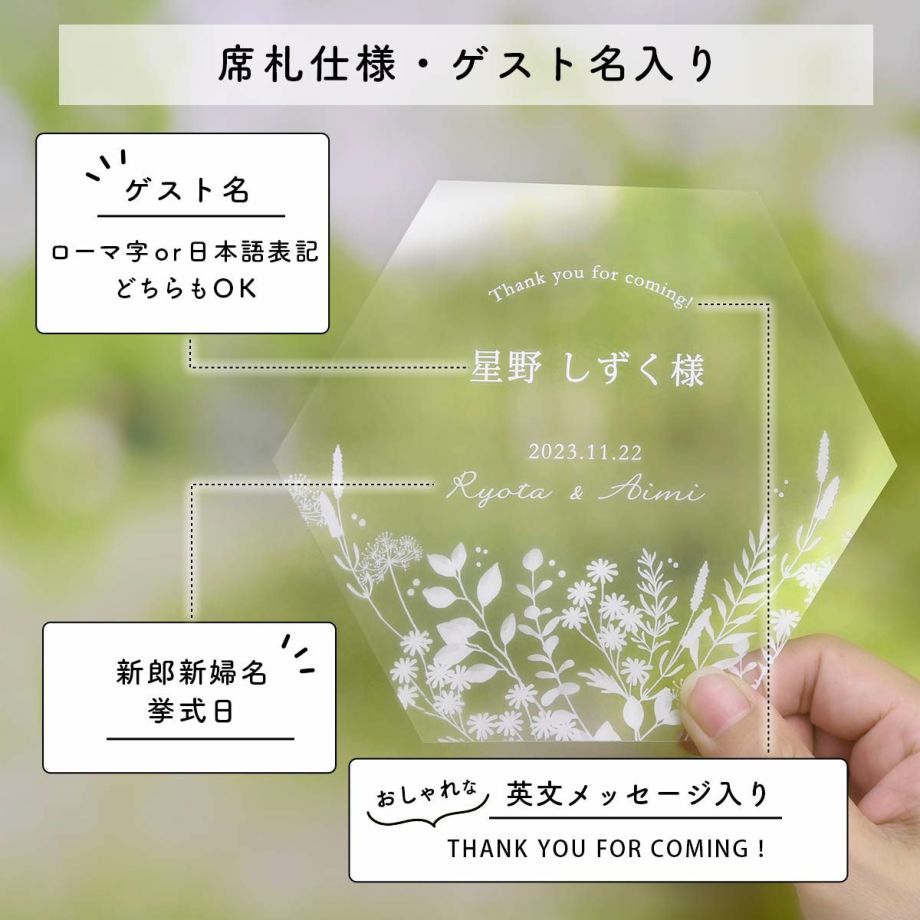 ゲストの名入りで席札としても使えるおしゃれなボタニカル柄のフェイスシールド