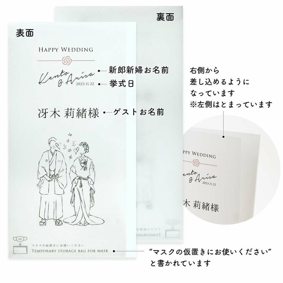 マスクキーパーにはゲストのお名前、挙式日、新郎新婦のお名前（ローマ字）入り。