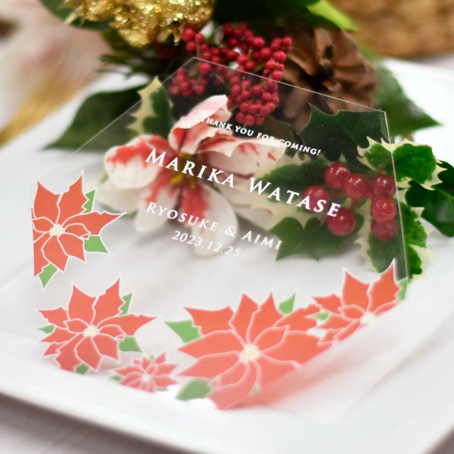 結婚式で使えるクリア素材の「フェイスシールド」クリスマス限定デザインポインセチア