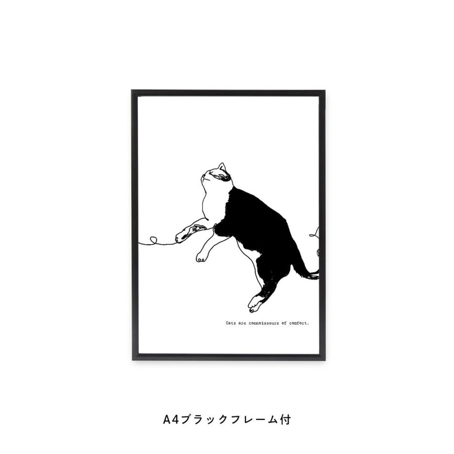 線画イラストの猫デザインをフレームにセットしたＡ4サイズポスター