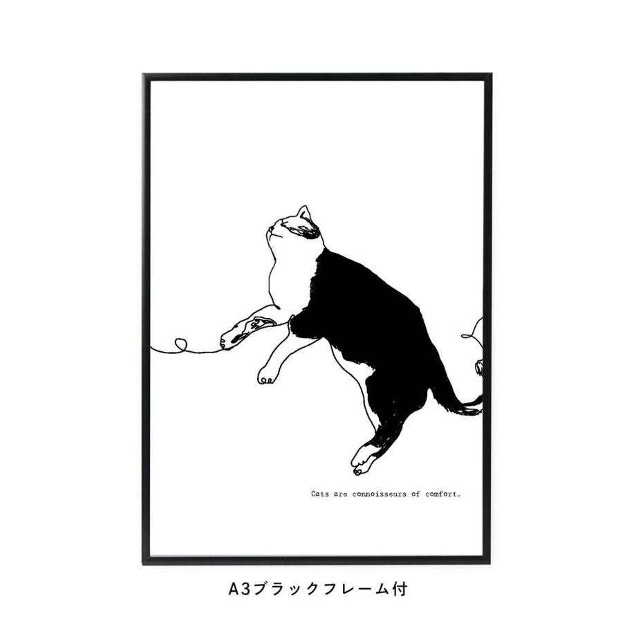 線画イラストのねこデザインをフレームにセットしたＡ３サイズポスター