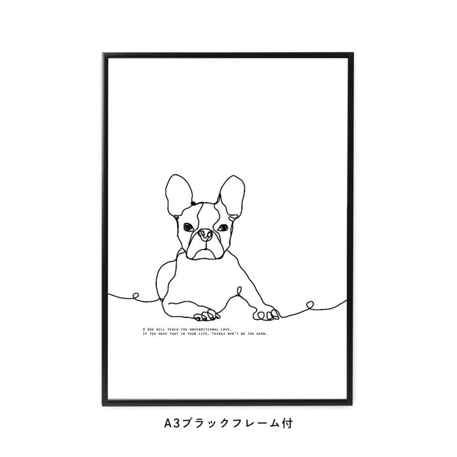 線画イラストの犬がおしゃれなフレーム入りデザインポスターA3サイズ