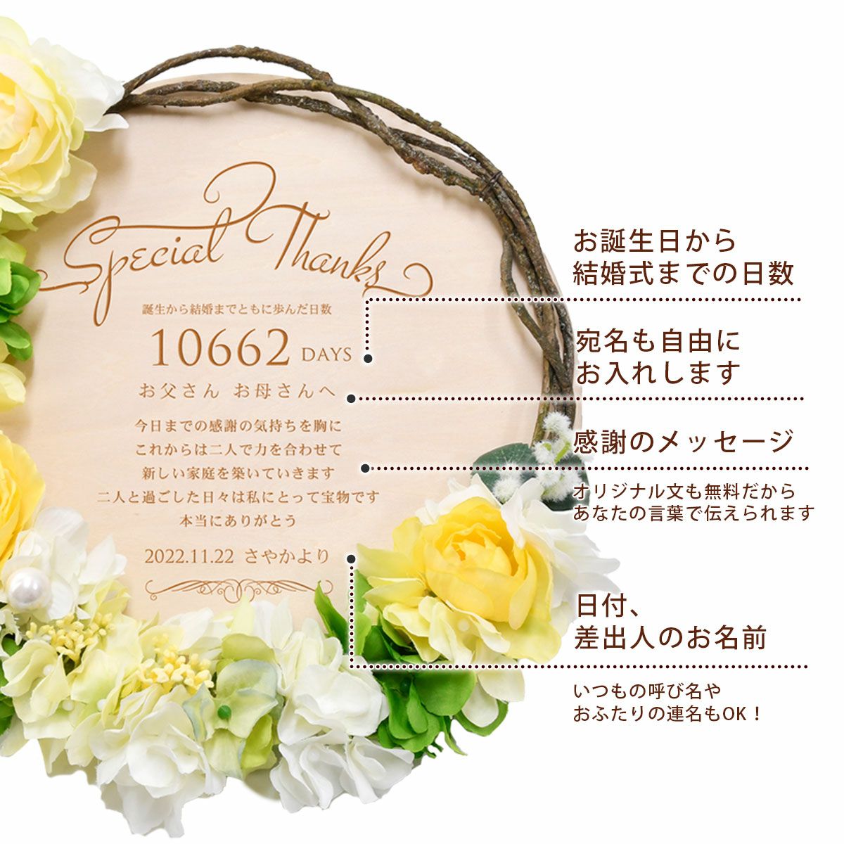 木製ボードに刻印してある数字は誕生から結婚までをカウントした日数
