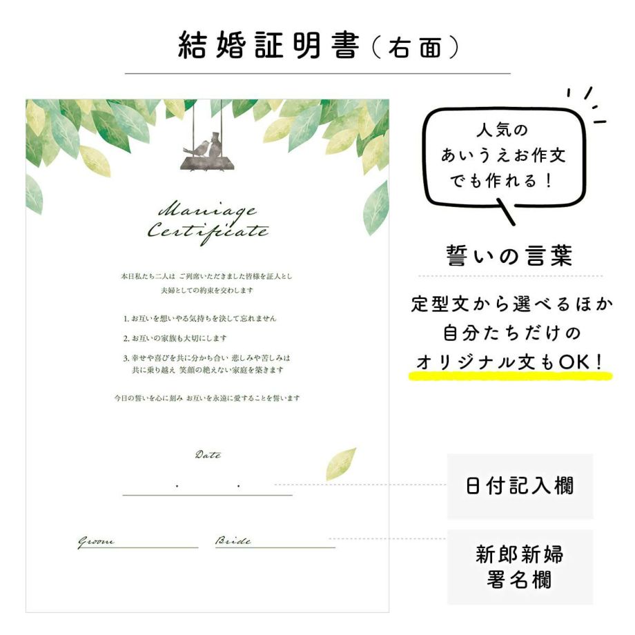 結婚証明書誓いの言葉と新郎新婦の署名欄、日付欄