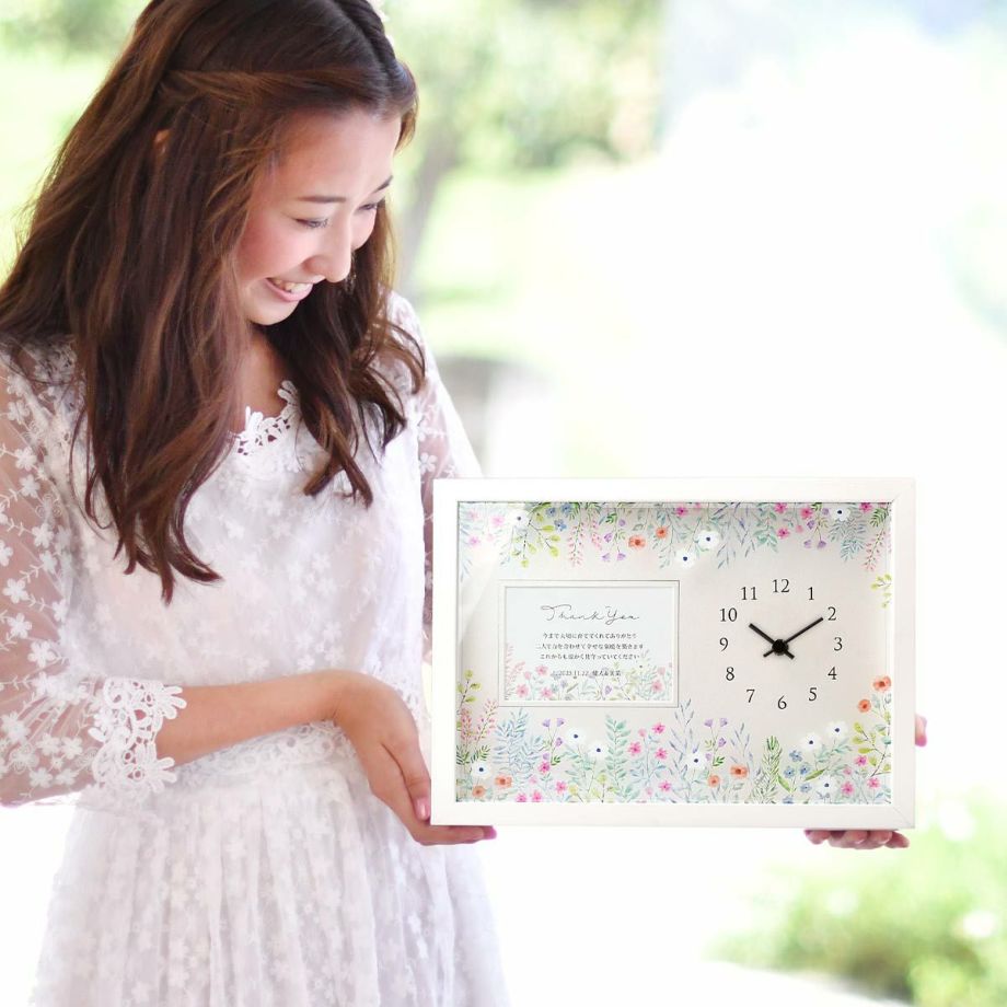 結婚記念の両親贈呈品メッセージ付お花プリントフォトフレーム時計