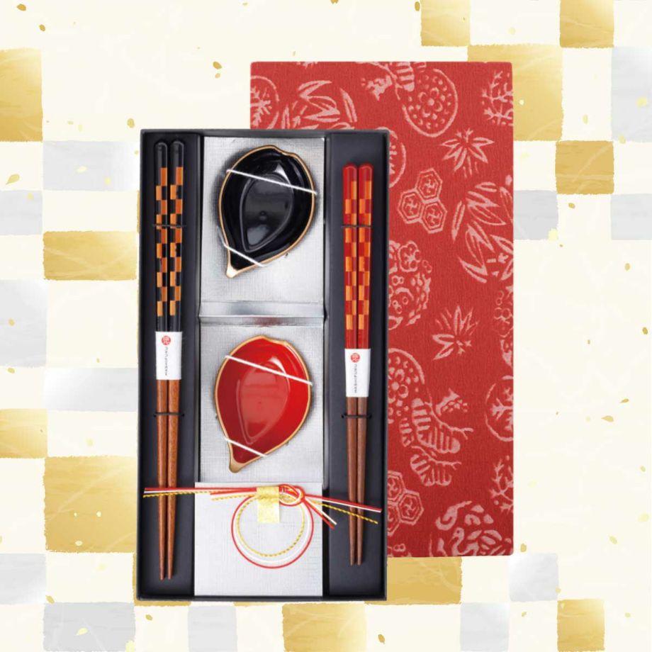 市松格子の夫婦箸と花びらモチーフの箸置きのギフトセット