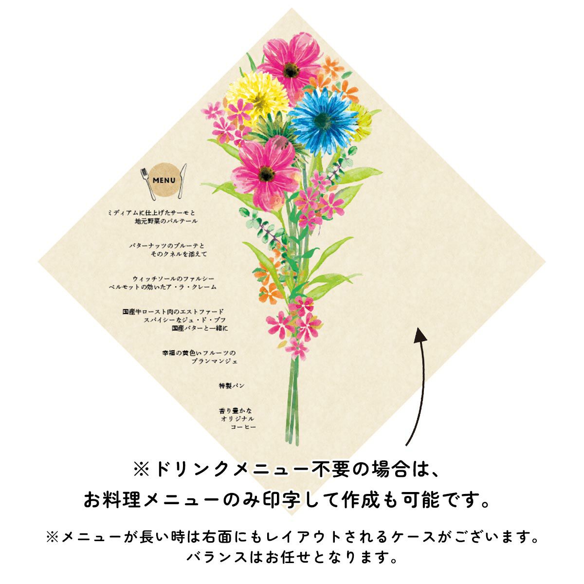 ドリンクメニュー不要の場合は、お料理メニューのみ印字して作成も可能です。