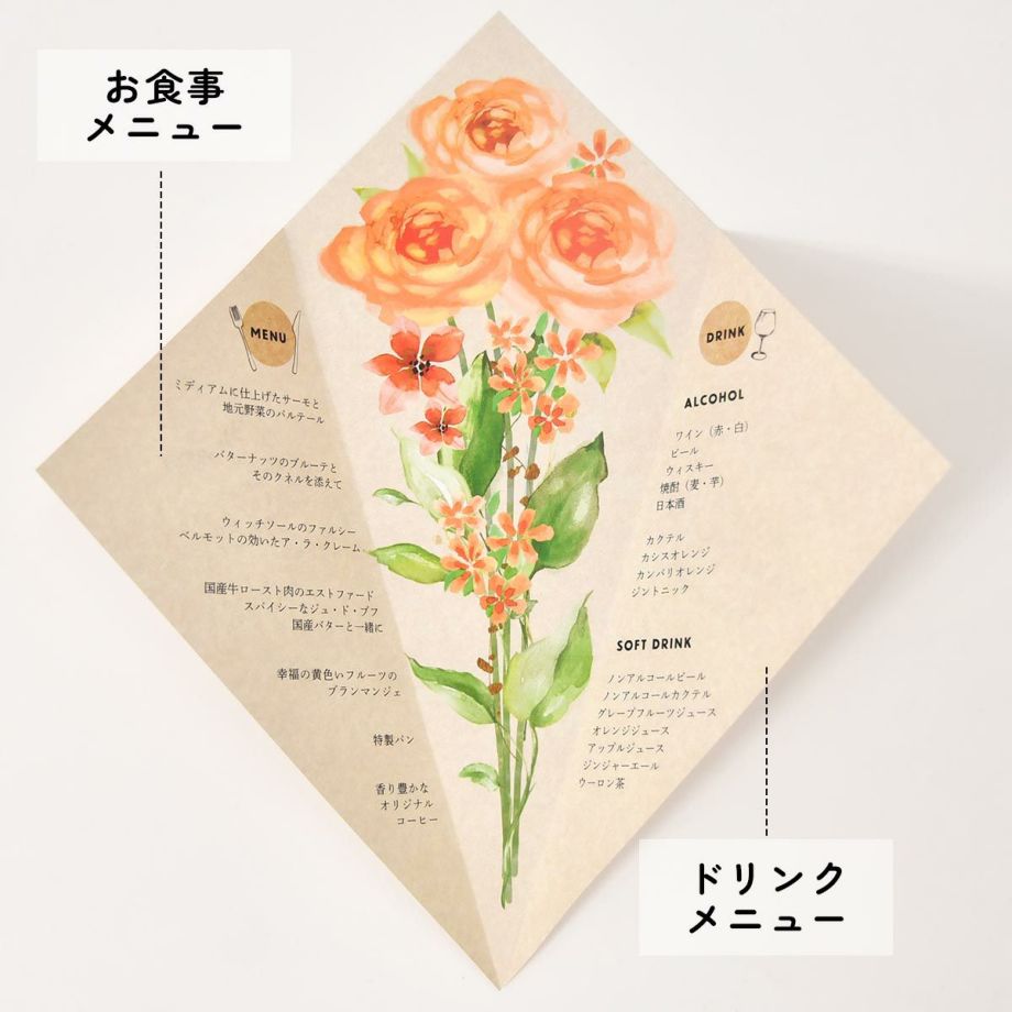 お食事メニューとドリンクメニュー入りの席札メニュー表