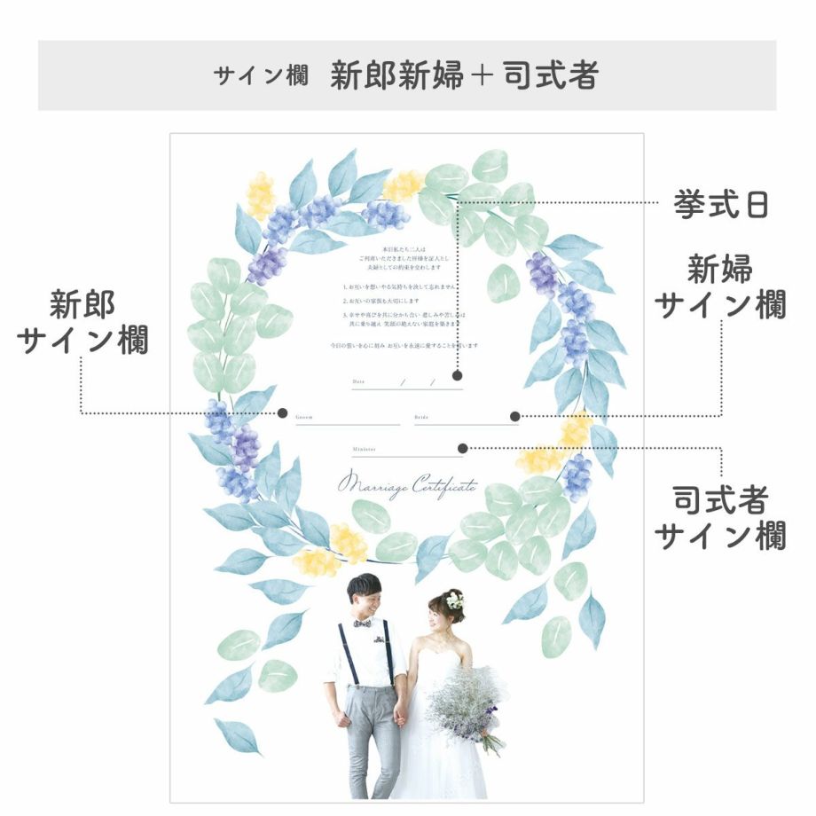 スタイルに合わせて選べる結婚証明書新郎新婦＋司式者のサイン欄