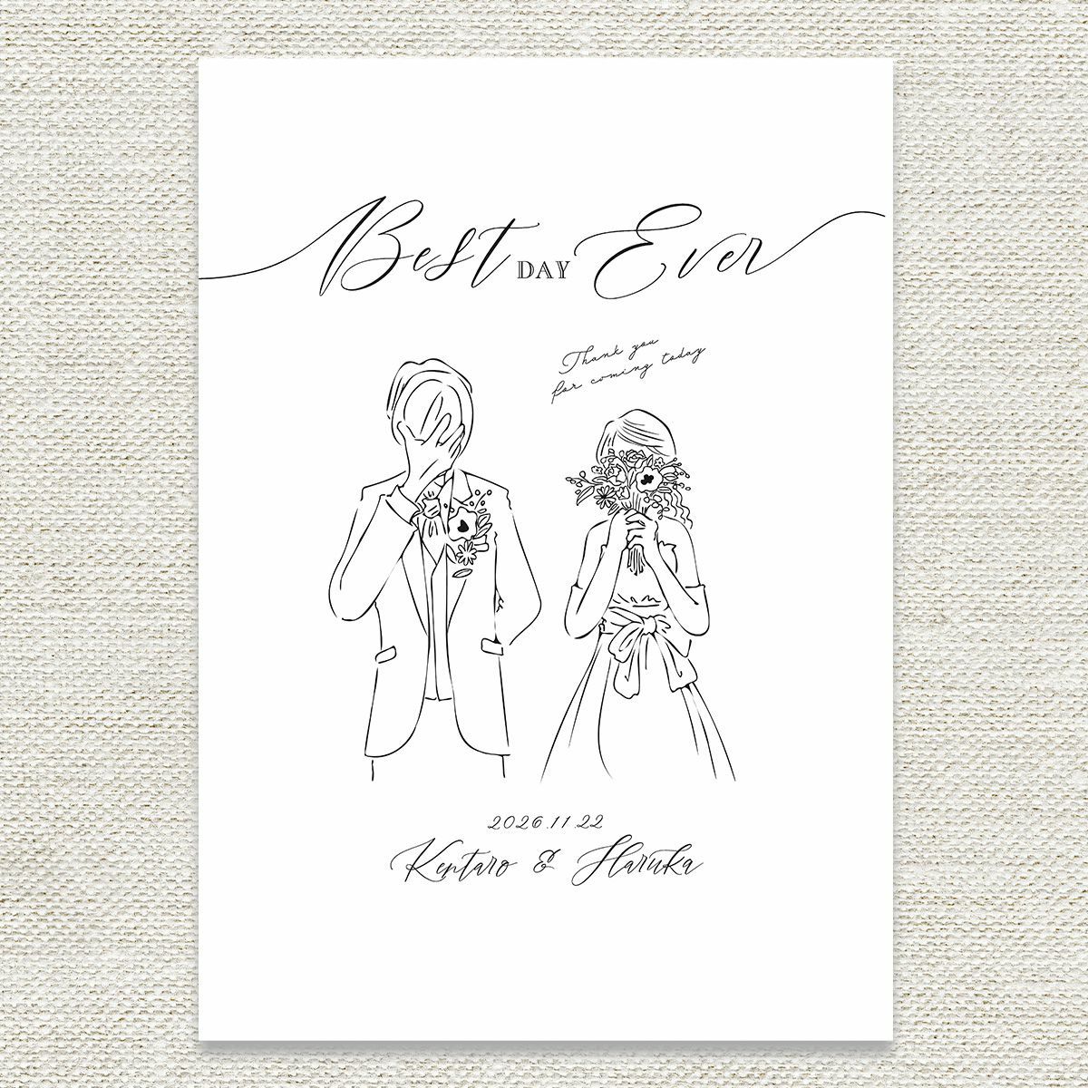 おしゃれな線画デザインの新郎新婦のイラストウェルカムボード