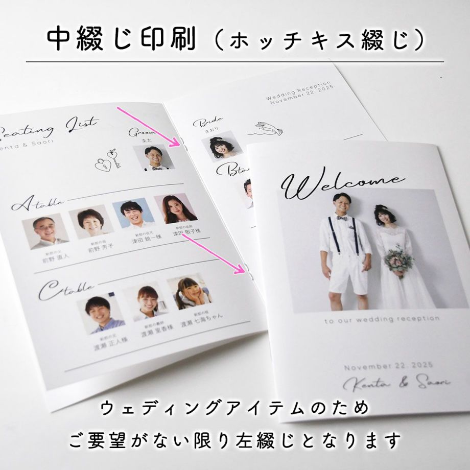 中綴じとは両面カラー印刷し背の中央に針金（ホッチキス）を通して綴じる綴じ方