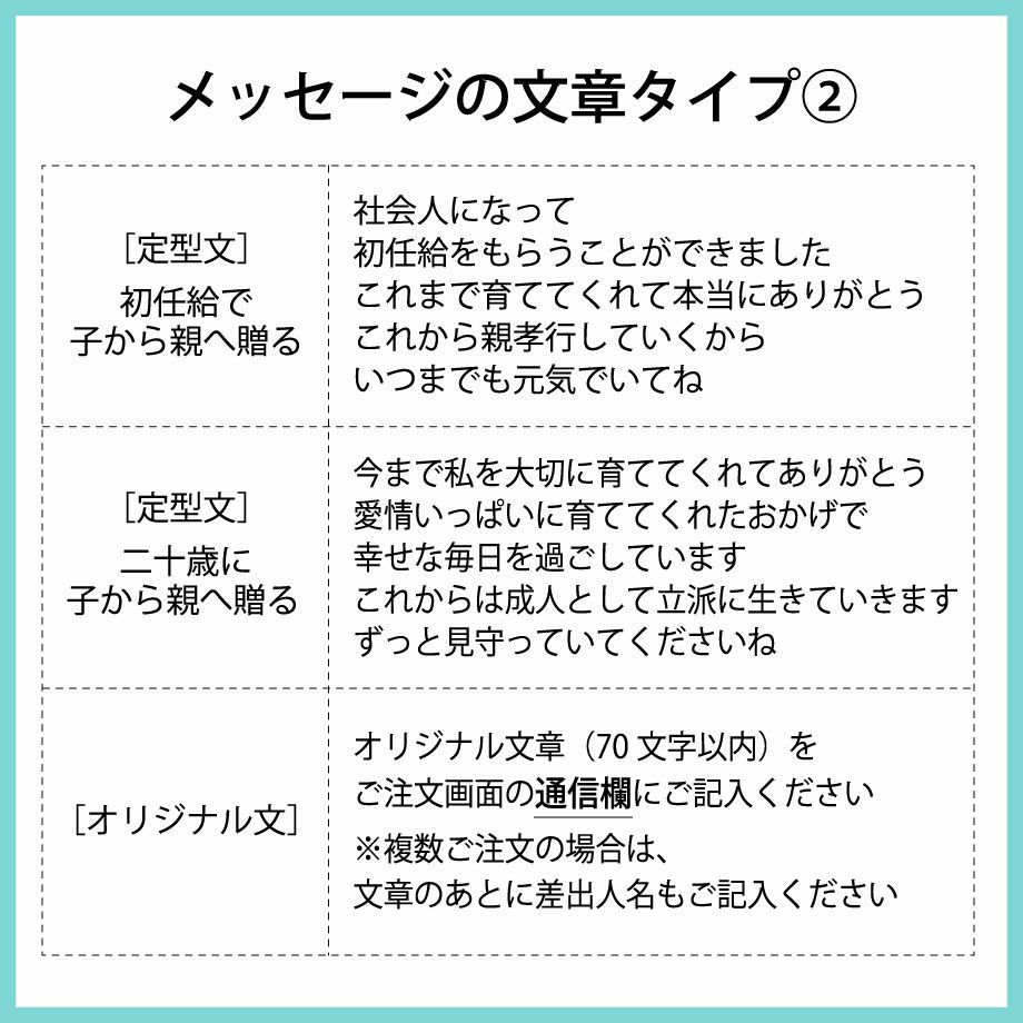 メッセージの文章タイプは初任給で子から親へ贈る定型文or二十歳に子から親へ贈る定型文orオリジナル文