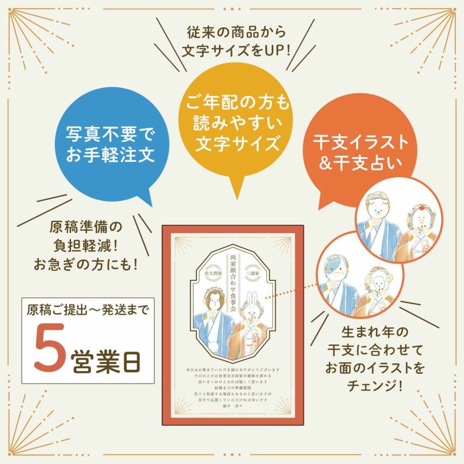 ご提出から発送まで5営業日で対応！原稿準備の負担軽減＆お急ぎの方にも！顔合わせ会しおり