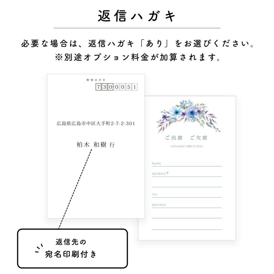 返信ハガキが必要な場合は別途オプションで対応可能