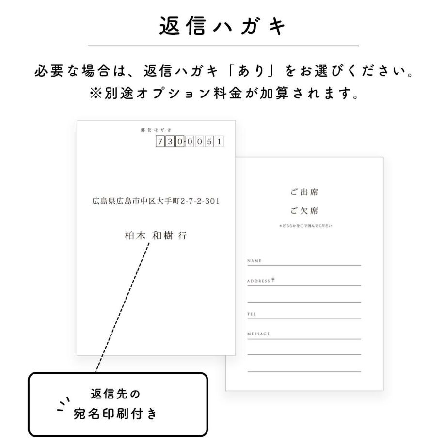 返信ハガキが必要な場合は別途オプションで対応可能
