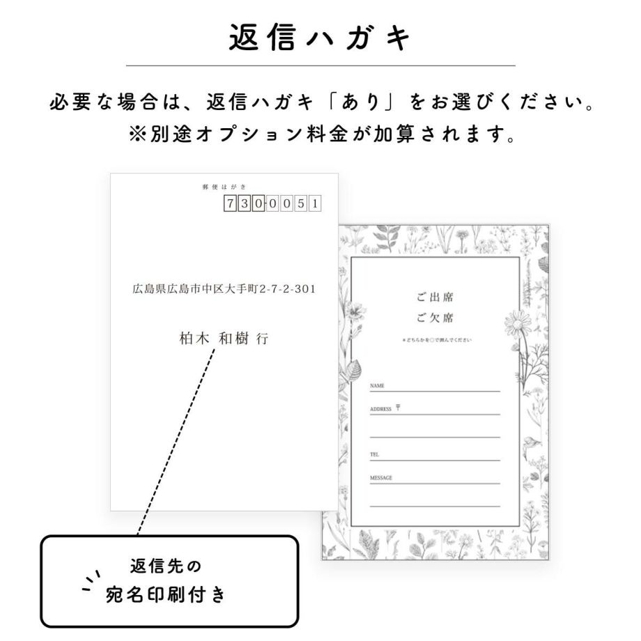 返信ハガキが必要な場合は別途オプションで対応可能