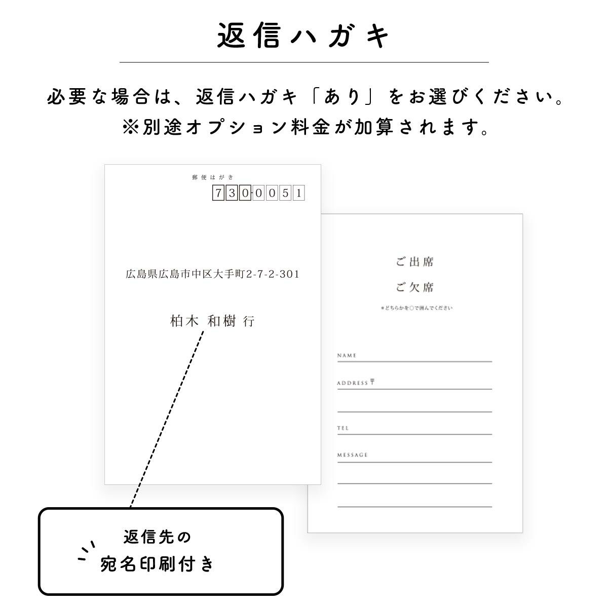 返信ハガキが必要な場合は別途オプションで対応可能