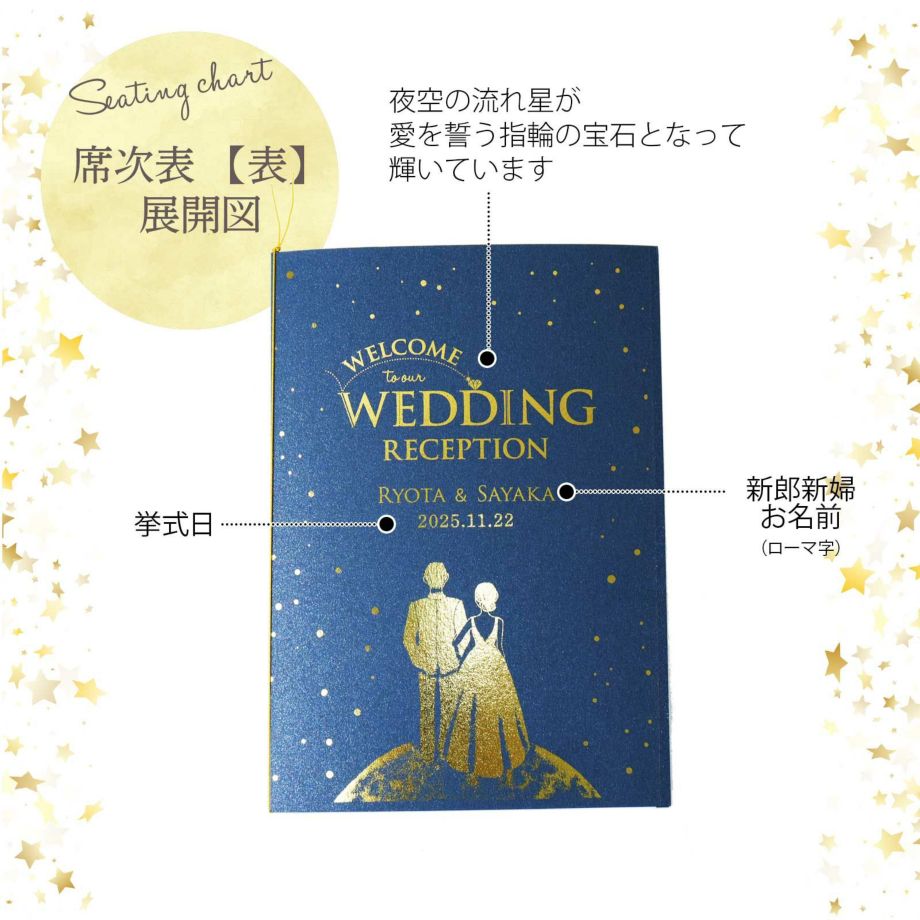 夜空の流れ星が愛を誓う指輪の宝石となって輝くWeddingの文字が入った席次表表紙展開図