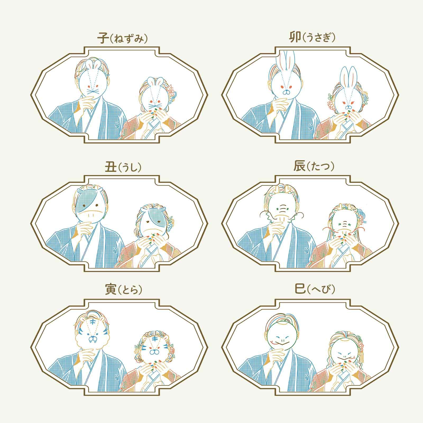 絵馬のカタチをした干支のお面入り席札