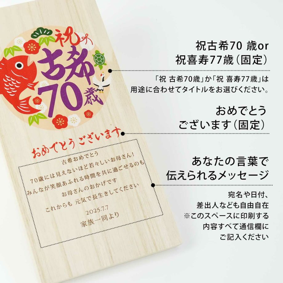 「祝古希70歳または祝喜寿77歳おめでとうございます」と感謝のメッセージは宛名や日付、差出人など自由に入れていただけます