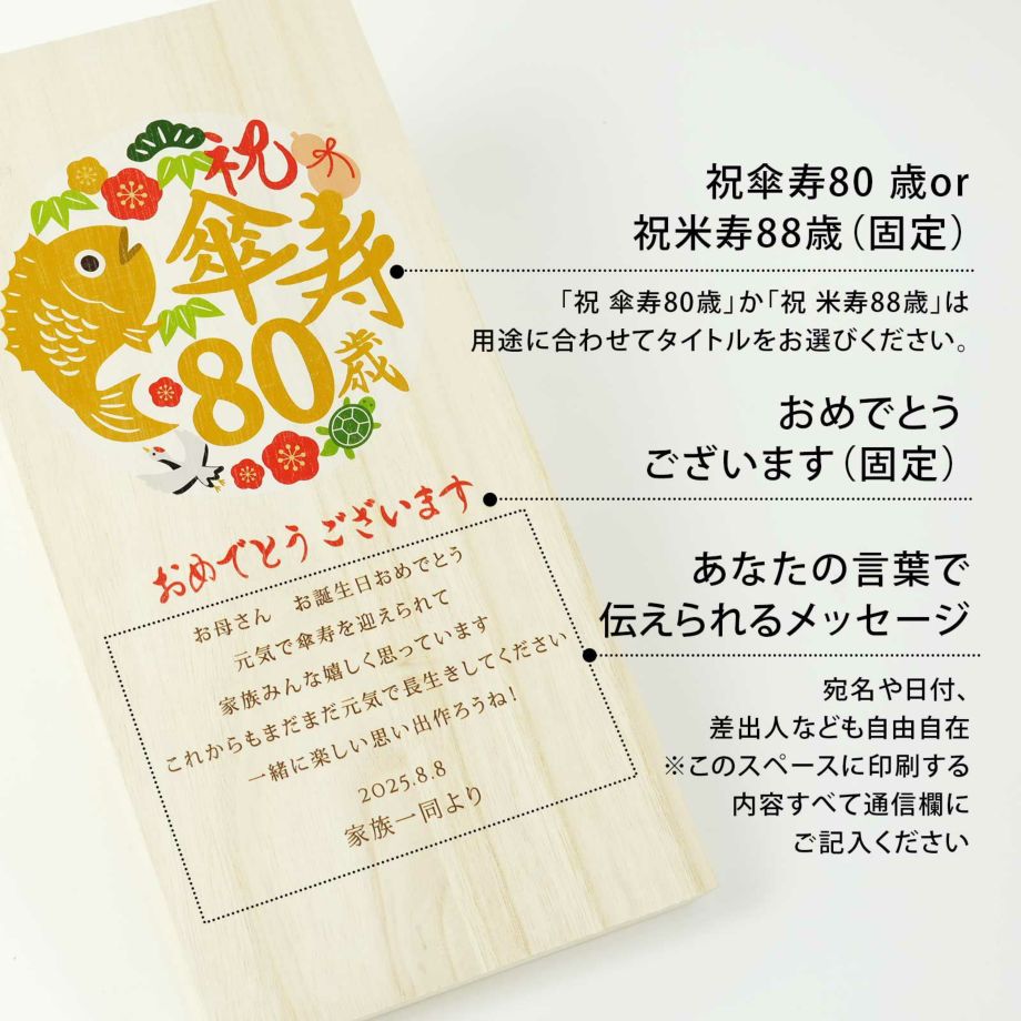 「祝傘寿80歳または祝米寿88歳おめでとうございます」と感謝のメッセージは宛名や日付、差出人など自由に入れていただけます