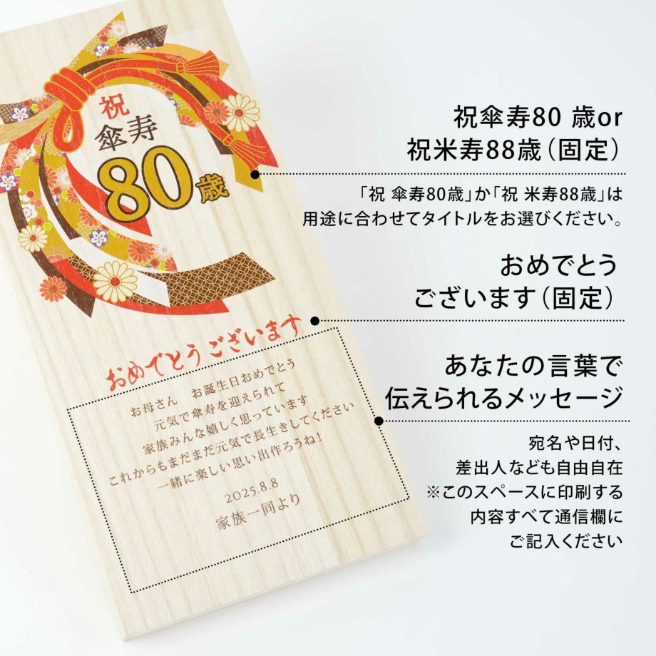 「祝傘寿80歳・祝米寿88歳おめでとうございます」と感謝のメッセージは宛名や日付、差出人など自由に入れていただけます