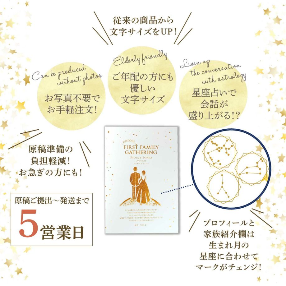 ご提出から発送まで5営業日で対応！原稿準備の負担軽減＆お急ぎの方にも！顔合わせ会しおり