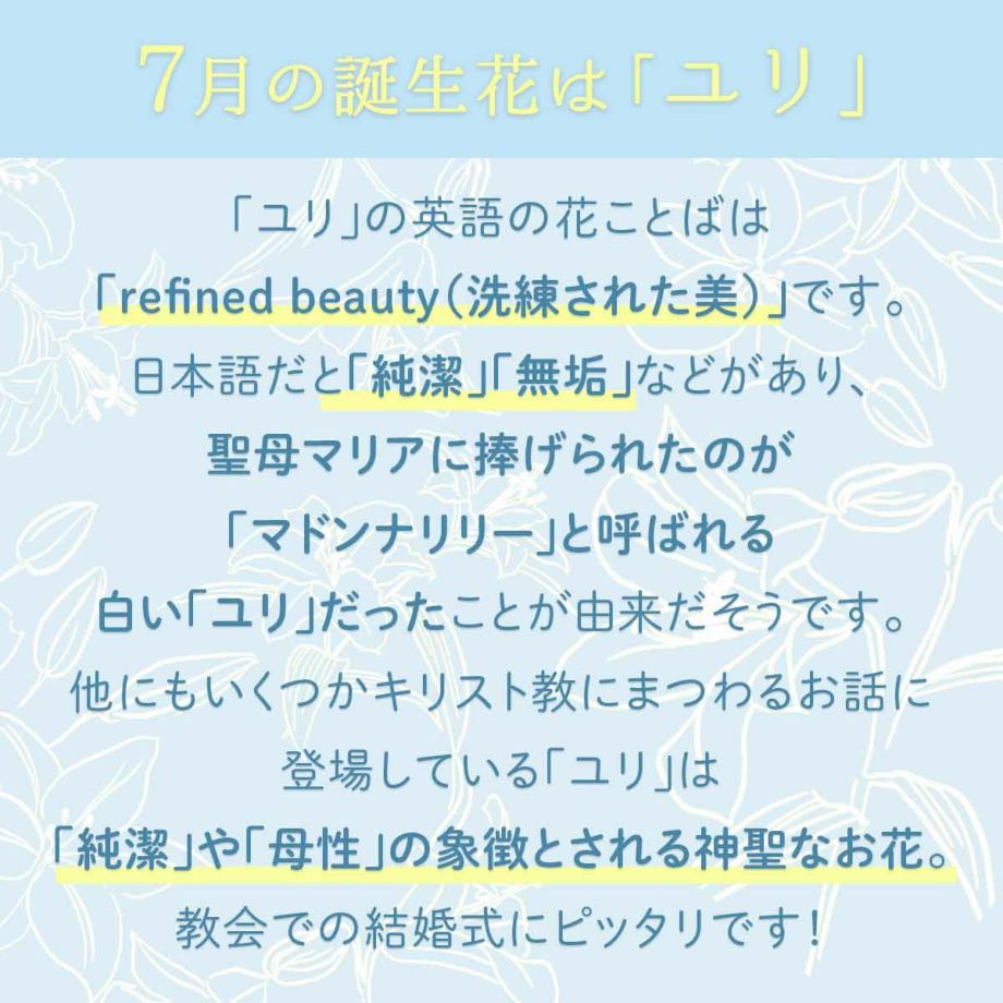 聖母マリアに捧げられた花とも言われ、他にもキリスト教のお話に登場する神聖なお花である百合は挙式の装花やペーパーアイテムに使用するのに最適！