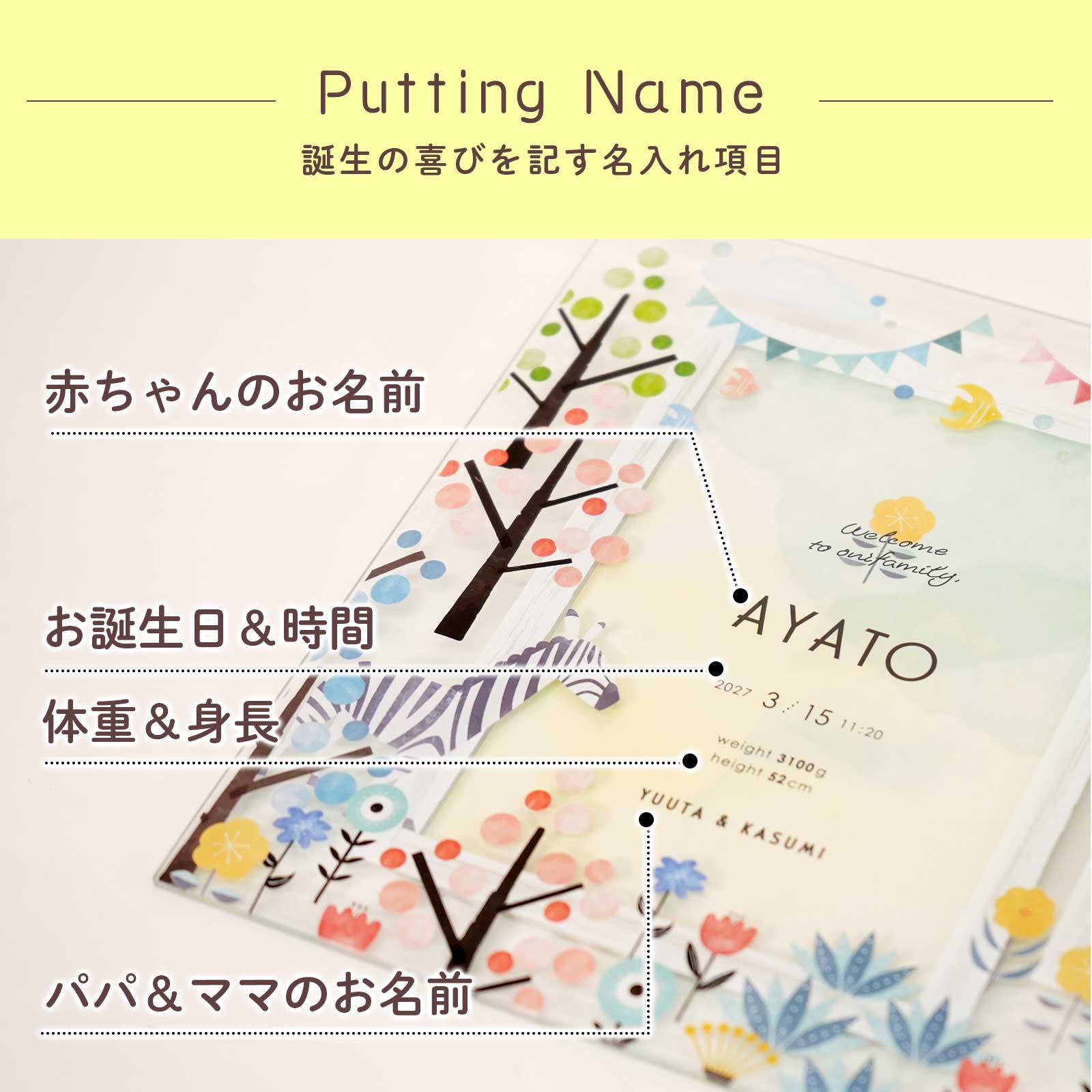 誕生の喜びを記す名入れ項目