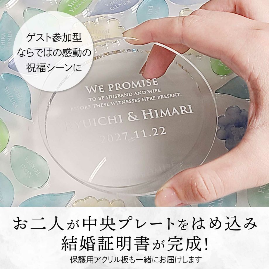 中央の新郎新婦プレートをお二人がはめ込み結婚証明書が完成