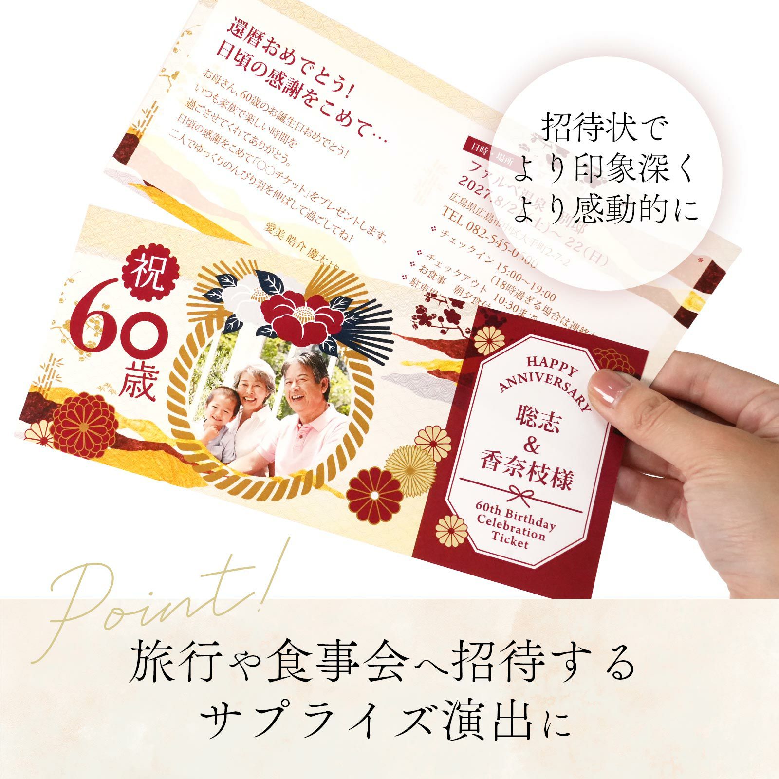 旅行や食事会へ招待するサプライズ演出に