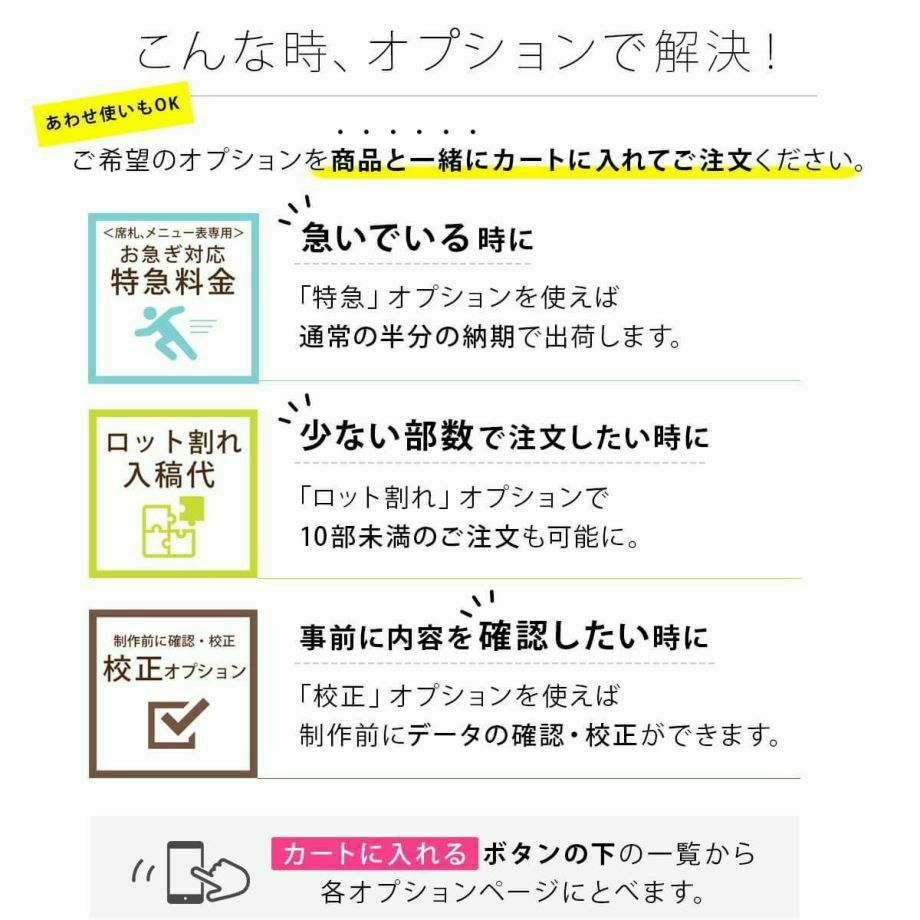 急いでいる時、少ない部数で注文したい時、事前に確認したい時はオプションで解決！