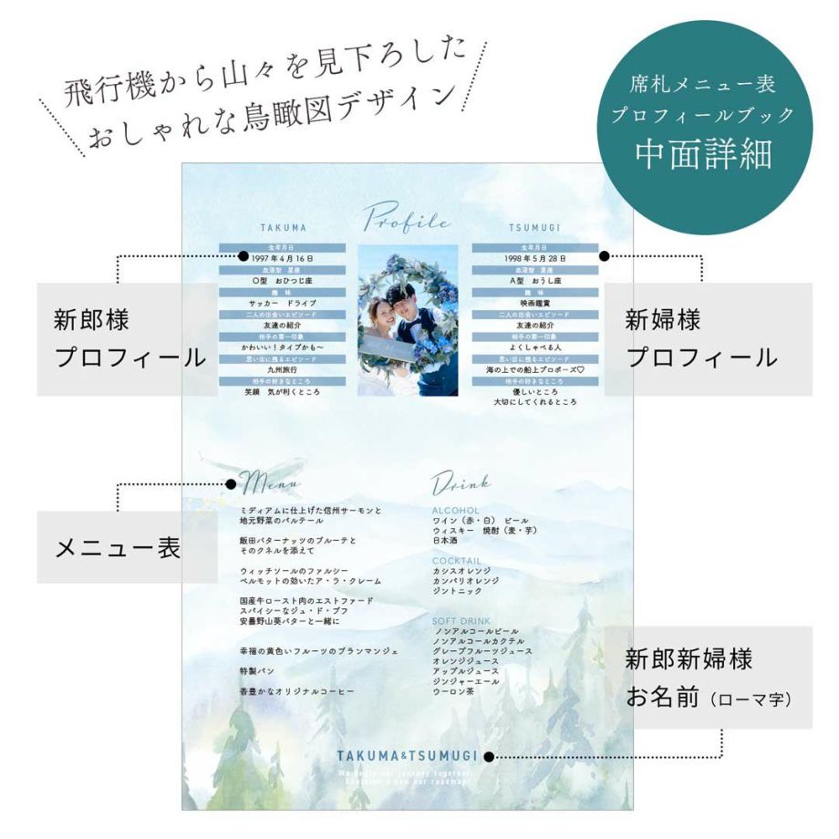 飛行機から山々を見下ろしたおしゃれな鳥瞰図デザインの席札メニュー表プロフィールブック