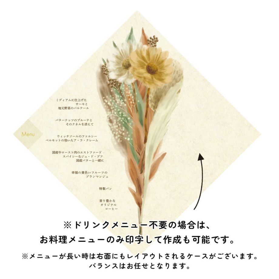 ※ドリンクメニュー不要の場合は、お料理メニューのみ印字して作成も可能です。