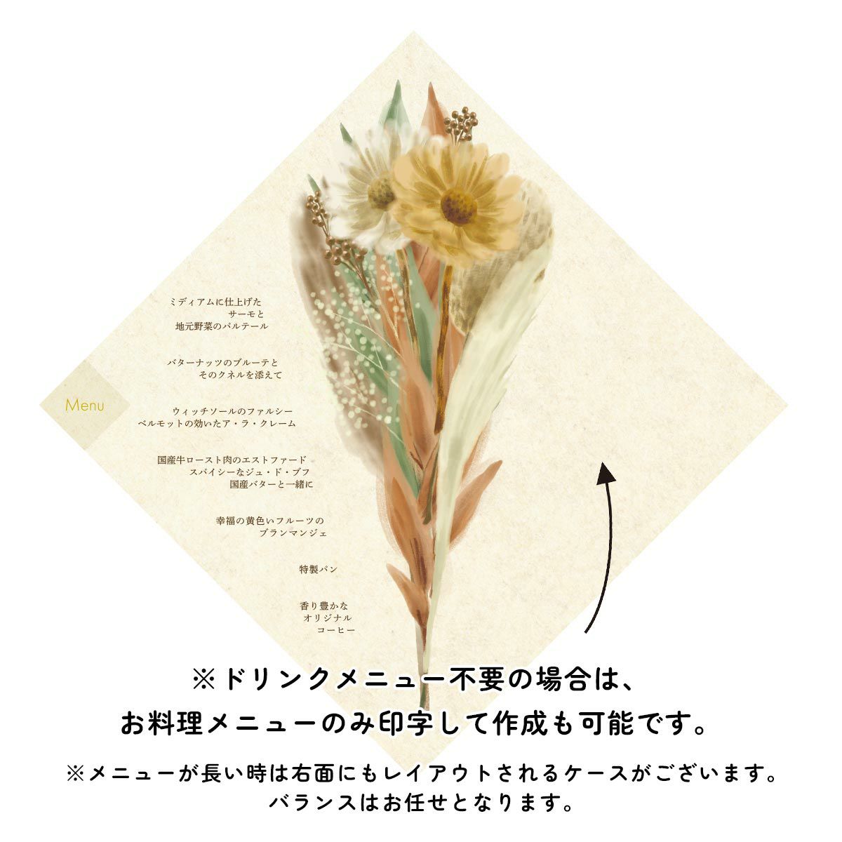 ※ドリンクメニュー不要の場合は、お料理メニューのみ印字して作成も可能です。