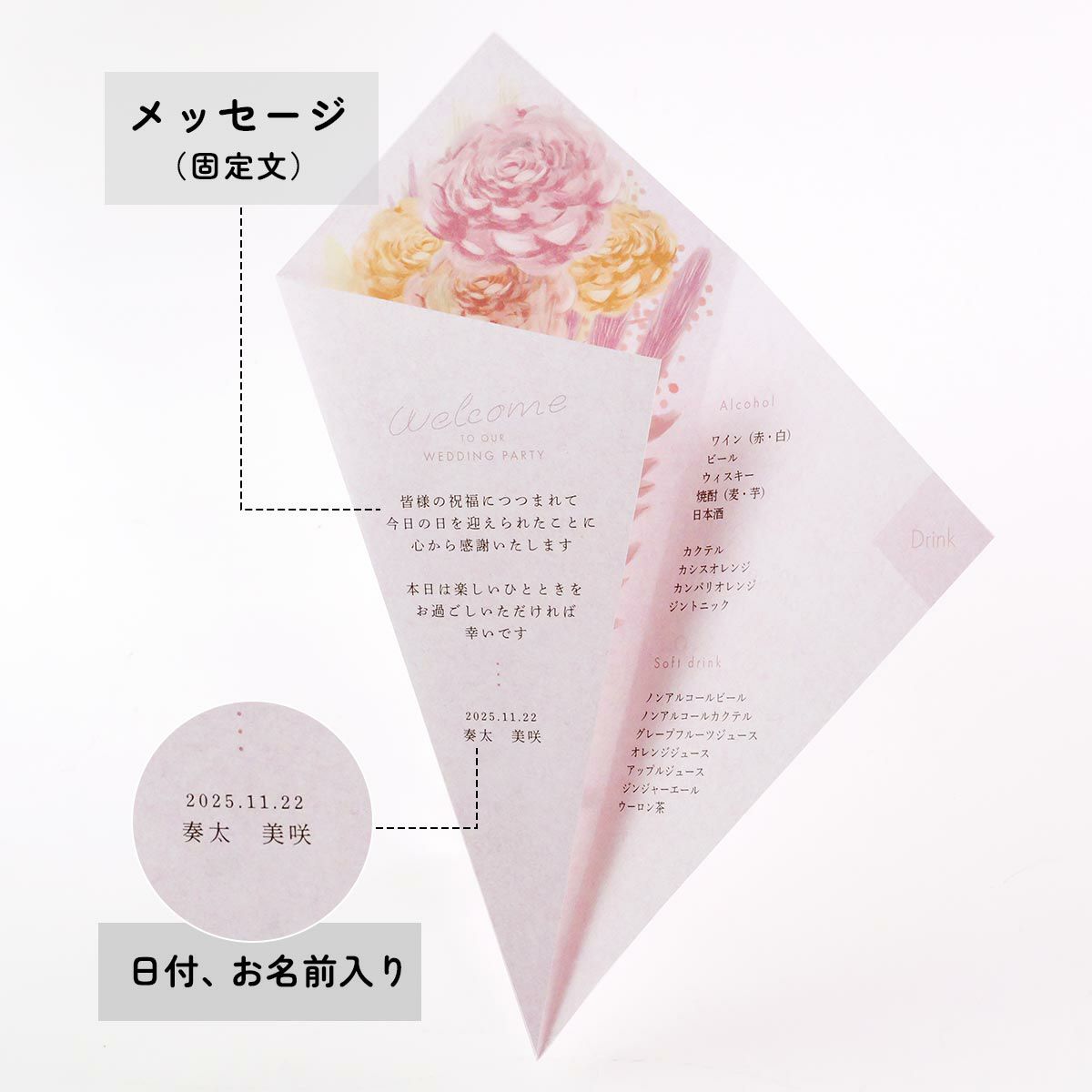 席札メニュー表の右側を開けばお二人からの感謝のメッセージが現れる