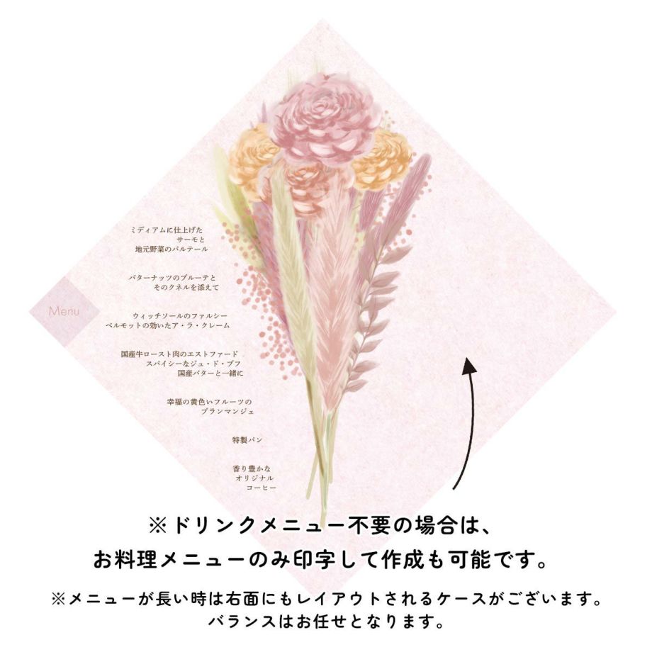 ※ドリンクメニュー不要の場合は、お料理メニューのみ印字して作成も可能です。
