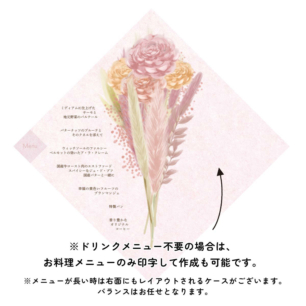※ドリンクメニュー不要の場合は、お料理メニューのみ印字して作成も可能です。