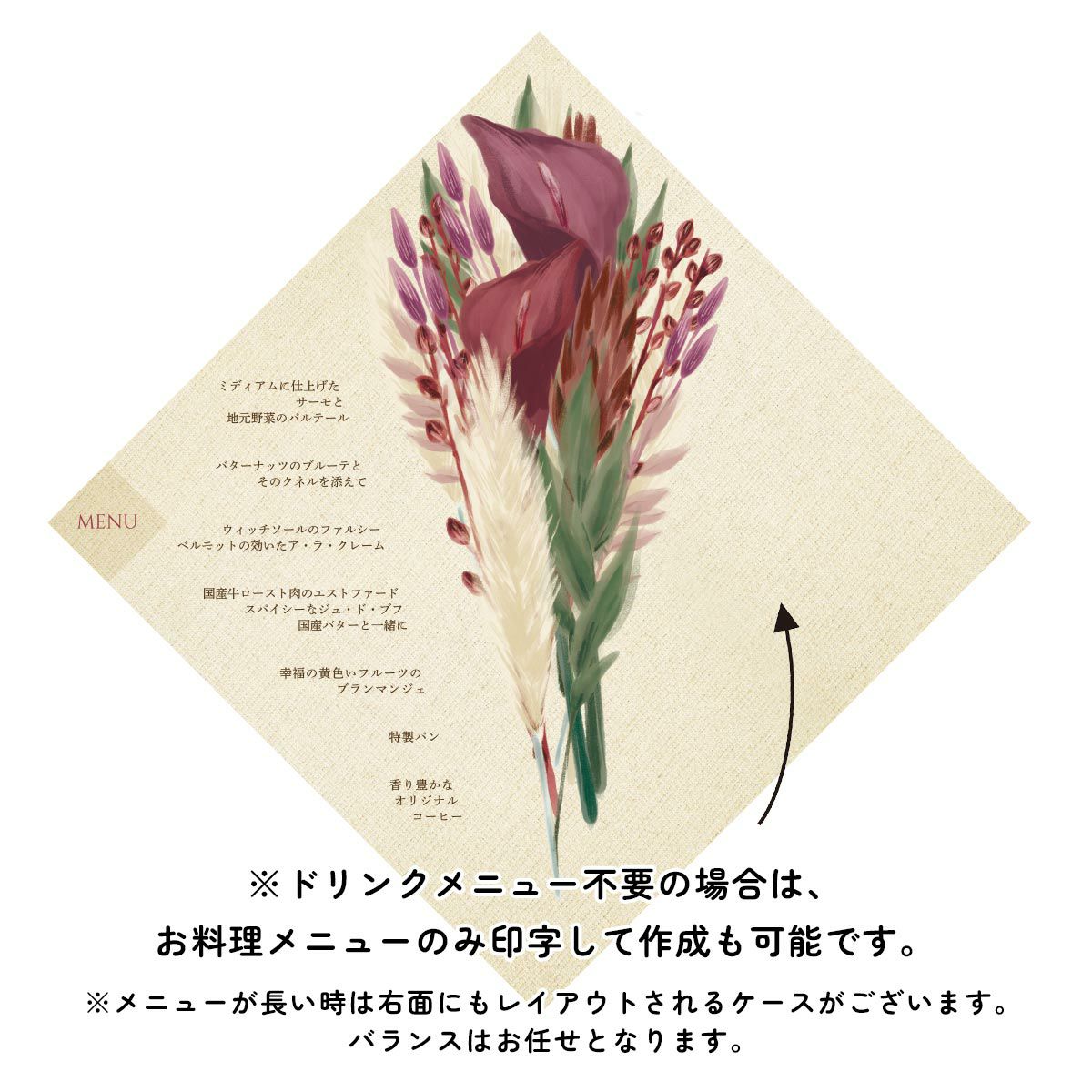 ドリンクメニュー不要の場合は、お料理メニューのみ印字して作成も可能です。