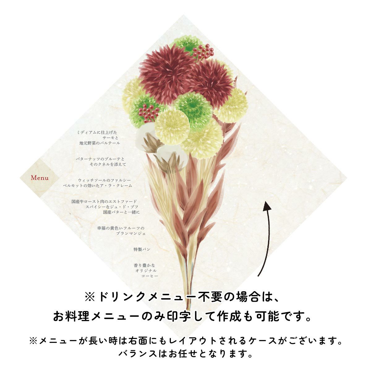 ドリンクメニュー不要の場合は、お料理メニューのみ印字して作成も可能です。