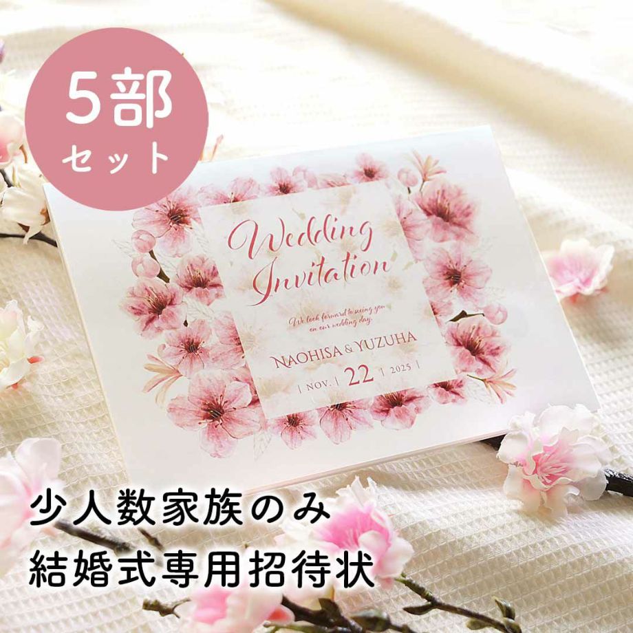 季節感を感じる桜の花少人数家族のみ結婚式専用招待状５部セット